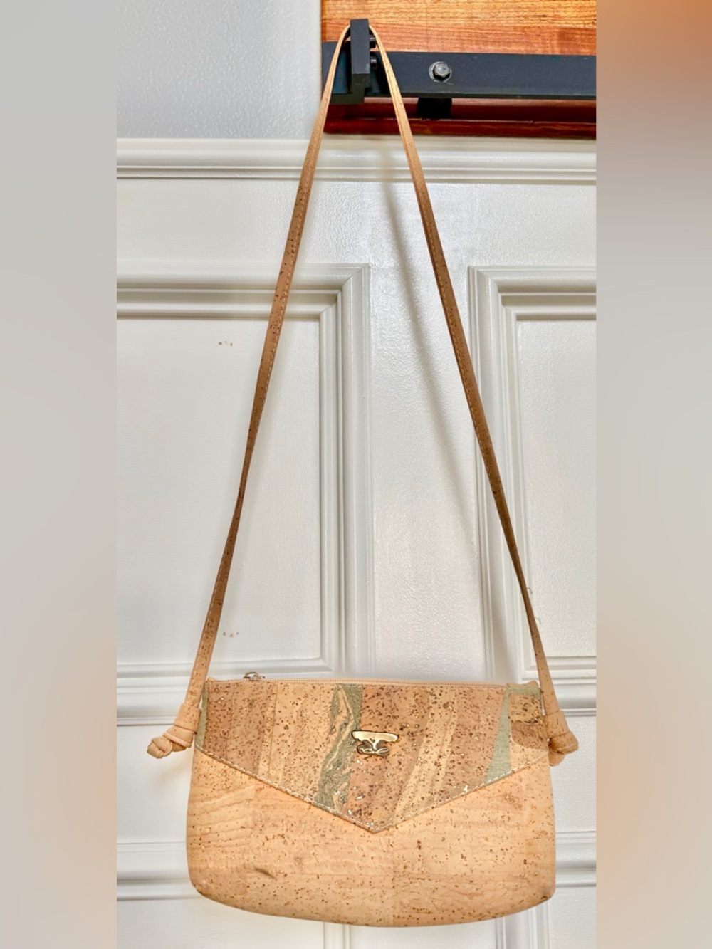 Cork Crossbody Bag with Gold Accent - Beige